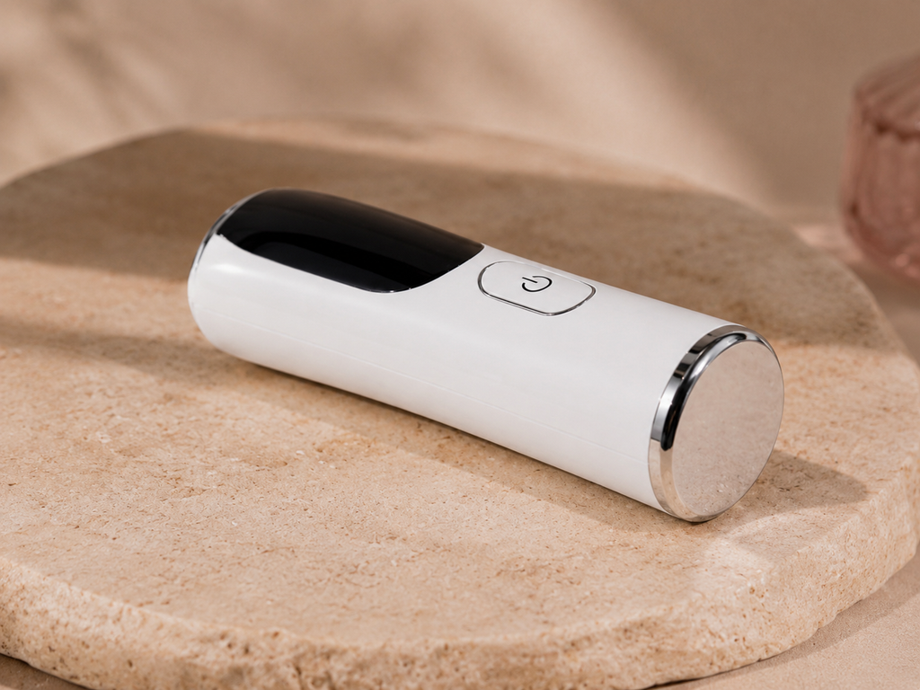 S.Rituelle Recovery Wand in Ivory White, lying on travertine stone
