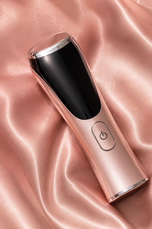 S.Rituelle Recovery Wand in Rose Gold, flat lay on pink silk fabric