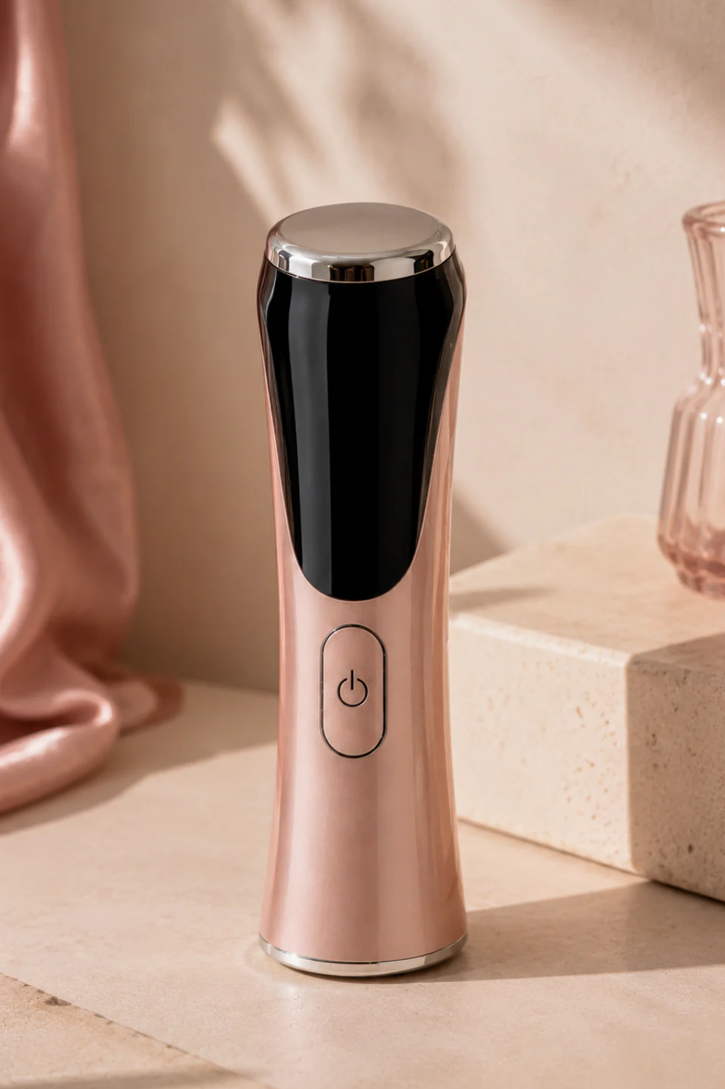 S.Rituelle Recovery Wand in Rose Gold, standing on travertine stone with a soft pink curtain